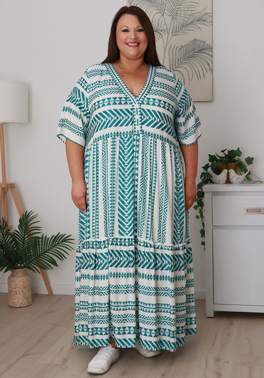 Plus Size Tranquil Green Aztec Inspired Flounce Hem Maxi Dress
