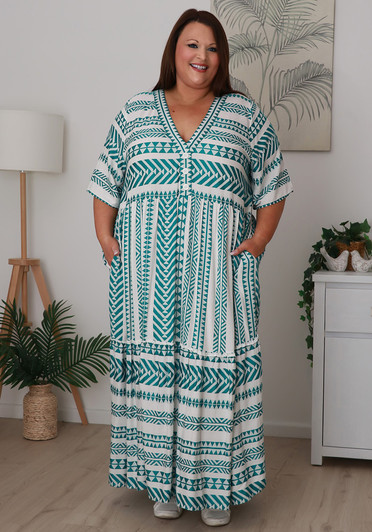 Plus Size Tranquil Green Aztec Inspired Flounce Hem Maxi Dress