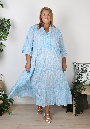 Plus Size Blue Button Front Frill Detail Boho Dress