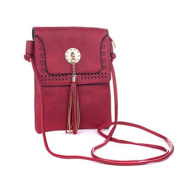 Red Laser Cut Cross Body Bag With Tassel