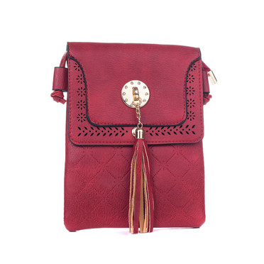 Red Laser Cut Cross Body Bag With Tassel