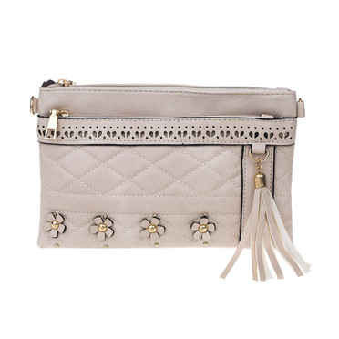 Cream Two Pocket Flower Detail Cross Body Bag With Tassel