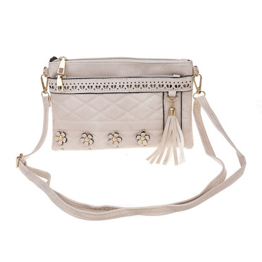 Cream Two Pocket Flower Detail Cross Body Bag With Tassel