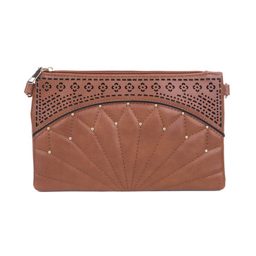 Tan Fan Stitched Laser Cut Bag With Gold Studs