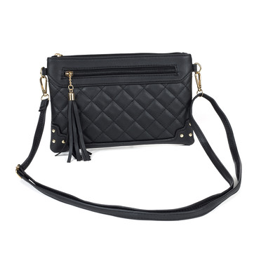 Black Diamond Stitch Two Pocket Bag With Tassel