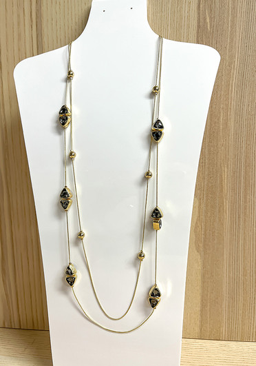 Black Glass And Metal Bead Double Strand Gold Necklace