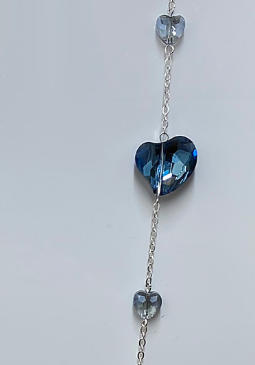 Glass Blue Hearts And Pearls With Glass Bead Silver Necklace