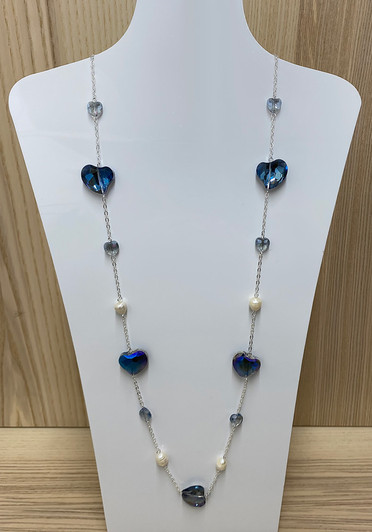 Glass Blue Hearts And Pearls With Glass Bead Silver Necklace