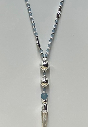 Glass Blue Tone Beads With Silver Tassel Necklace