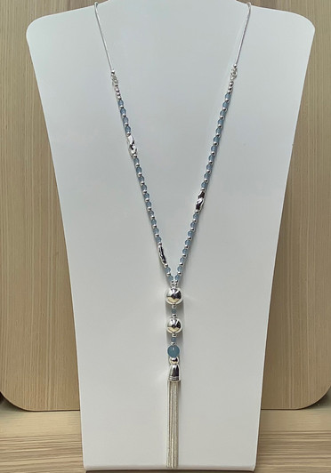 Glass Blue Tone Beads With Silver Tassel Necklace 