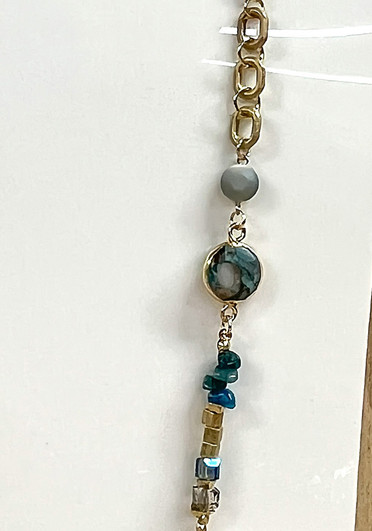 Teal And Gold Glass And Stone And Freshwater Pearl Necklace
