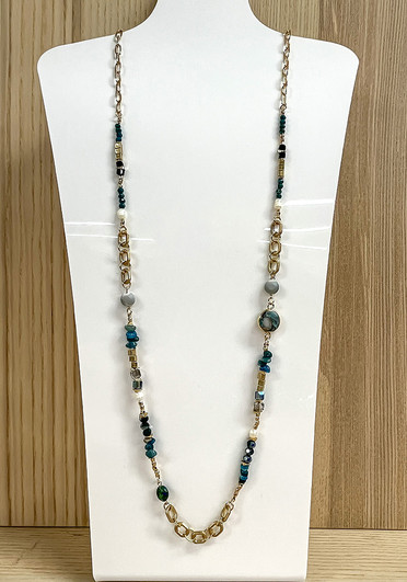 Teal And Gold Glass And Stone And Freshwater Pearl Necklace