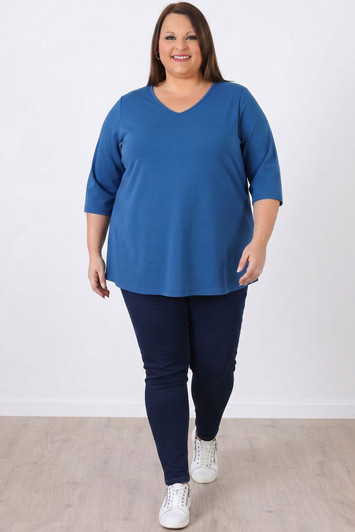 Plus Size Blue Cotton Stretch V Neck Top