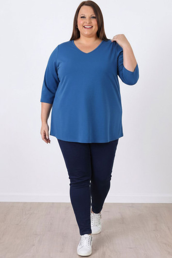 Plus Size Blue Cotton Stretch V Neck Top