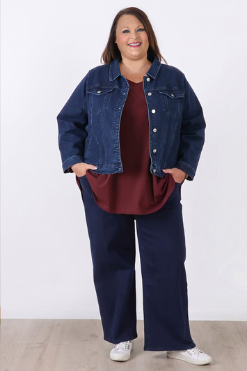Plus Size Dark Blue Denim Jacket With Pockets