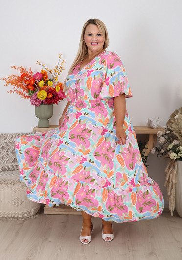 Plus Size Pretty Pink Short Sleeve Abstract Dress