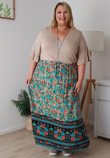 Plus Size Aqua And Pink Floral Skirt