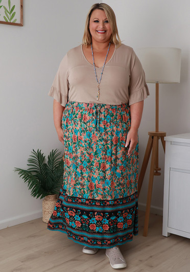 Plus Size Aqua And Pink Floral Skirt