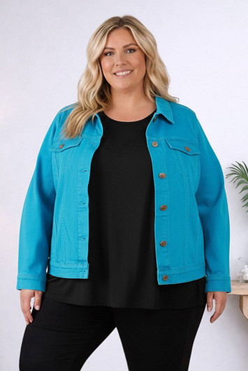 Plus Size Blue Denim Jacket With Pockets