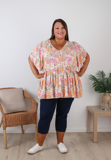Pink Orange Floral Split Sleeve Top