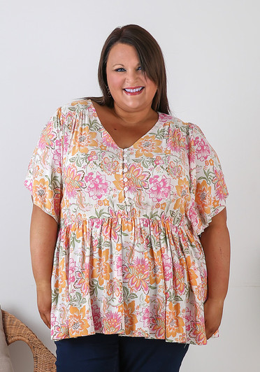 Plus Size Pink Orange Floral Split Sleeve Top 
