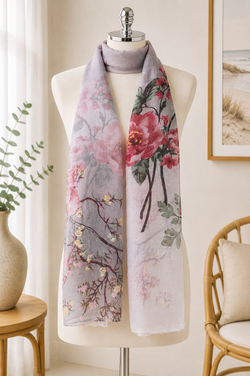 Grey And Pink Large Floral Scarf
