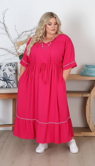 Fuchsia Pink Ladder Lace Flowing Long Dress