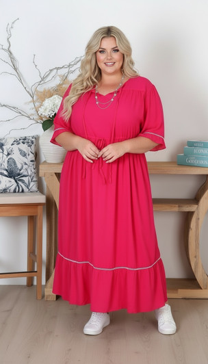 Fuchsia Pink Ladder Lace Flowing Long Dress