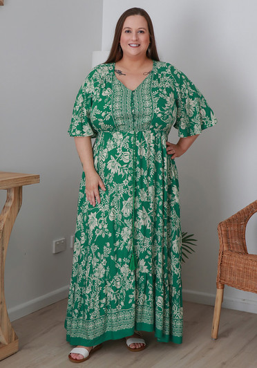 Plus Size Green And White Boho Maxi Dress
