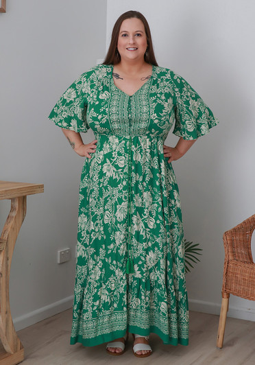 Plus Size Green And White Boho Maxi Dress