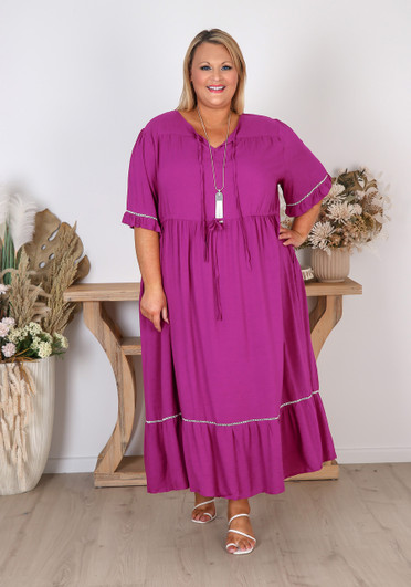 Plus Size Purple Ladder Lace Flowing Long Dress