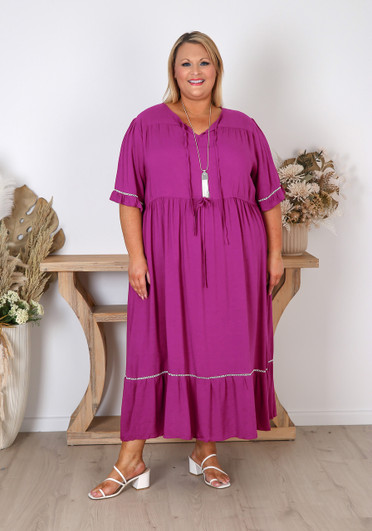 Plus Size Purple Ladder Lace Flowing Long Dress