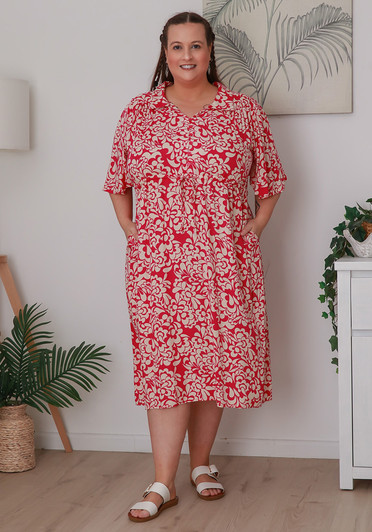Plus Size Pink Contemporary Floral Tie Waist Dress