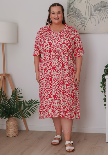 Plus Size Pink Contemporary Floral Tie Waist Dress