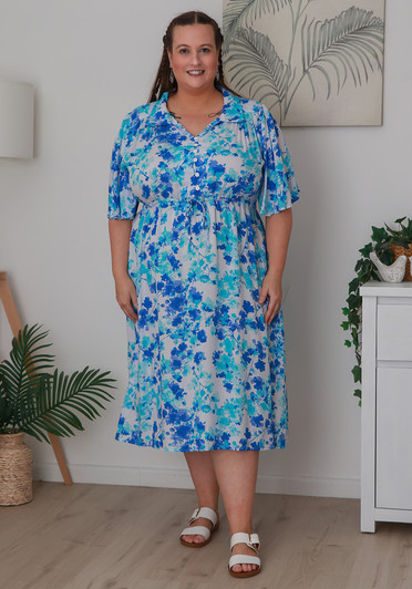 Plus Size Blue Blossom Tie Waist Dress