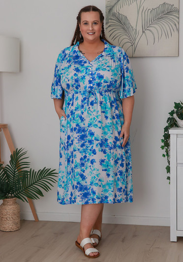 Plus Size Blue Blossom Tie Waist Dress