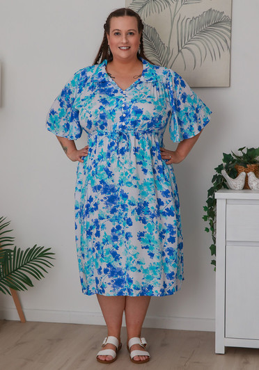 Plus Size Blue Blossom Tie Waist Dress
