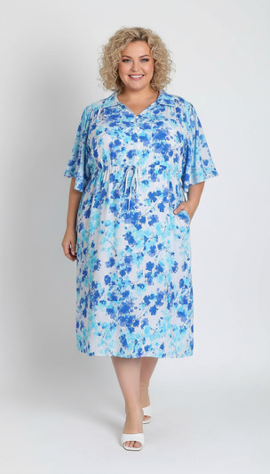 Plus Size Blue Blossom Tie Waist Dress