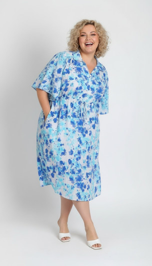 Plus Size Blue Blossom Tie Waist Dress