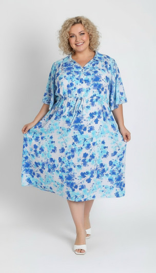 Plus Size Blue Blossom Tie Waist Dress