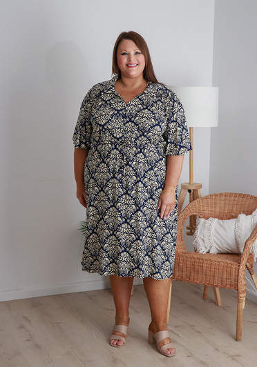 Plus Size Navy Floral Pattern Tie Waist Dress