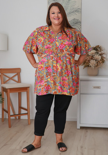 Plus Size Retro Floral Tie Waist Top