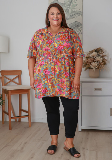 Plus Size Retro Floral Tie Waist Top