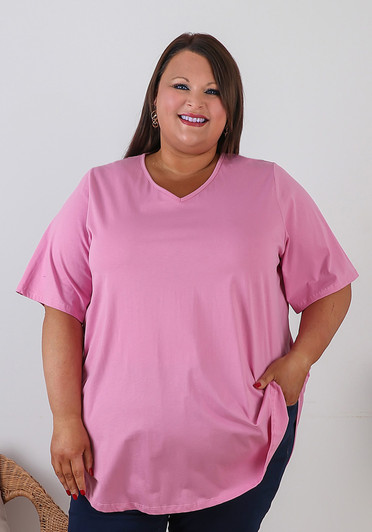 Plus Size Pink V Neck Cotton Tee