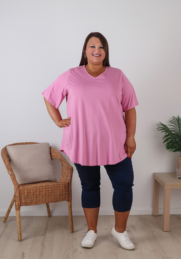 Plus Size Cotton Tee Pink V Neck 