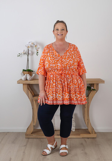 Plus Size Tie Waist Top  Orange Floral