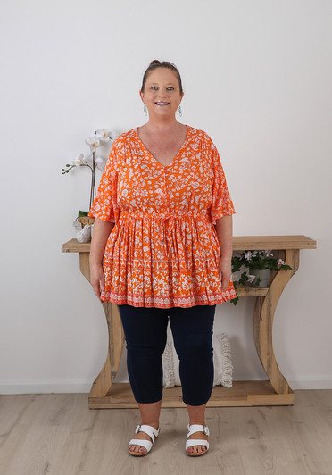 Plus Size Tie Waist Top  Orange Floral