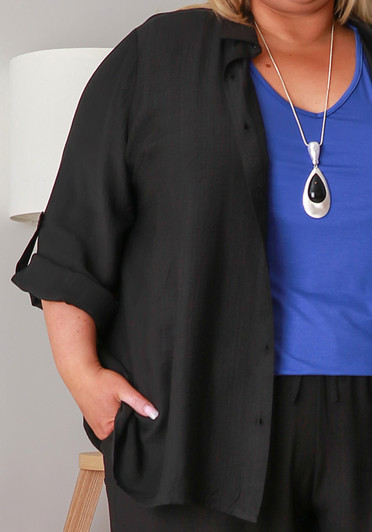Plus Size Black Adjustable Sleeve Buttoned Shirt