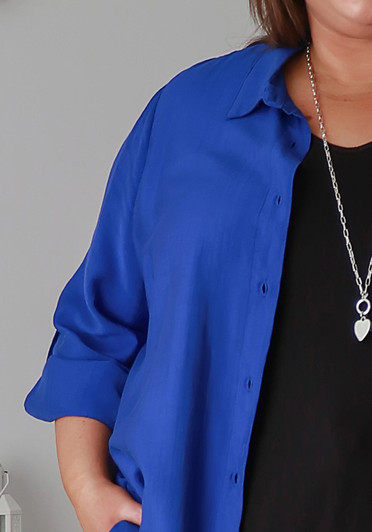 Plus Size Cobalt Blue Adjustable Sleeve Buttoned Shirt