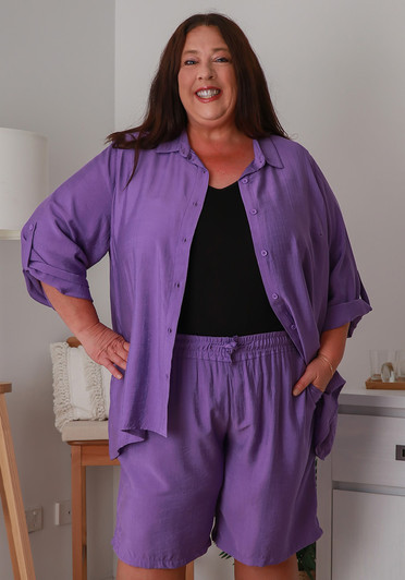 Plus Size Purple Adjustable Sleeve Buttoned Shirt 